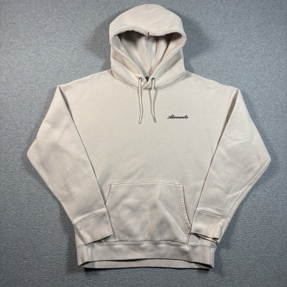 Abercrombie Fitch Hoodie Mens Large Cream Beige Script Logo Soft AF Fleece